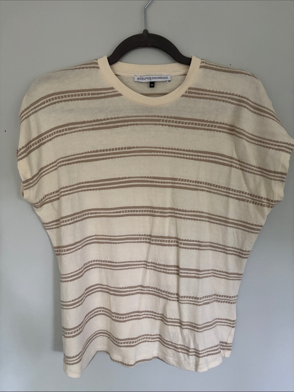 Adolfo Dominguez Cream and Tan Striped Crewneck Sweater